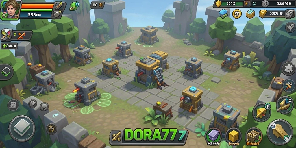 Tangkapan layar DORA77 menampilkan serangan seru di Tower Defense.