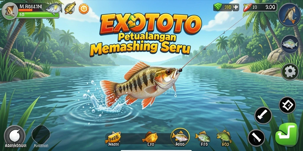 Tampilan gameplay EXOTOTO dengan suasana memancing yang seru.