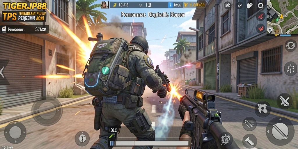 Screenshot utama TIGERJP88 menampilkan aksi tembak-menembak yang intens.